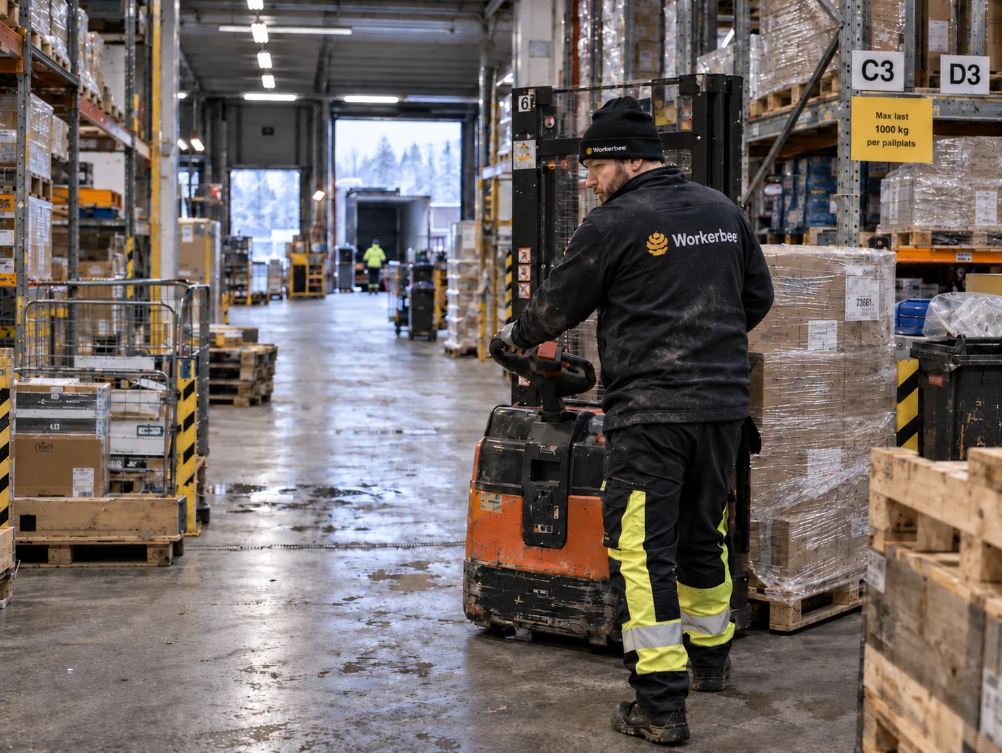 Lagerarbetare kör en ledtruck med pallgods i en lagergång.