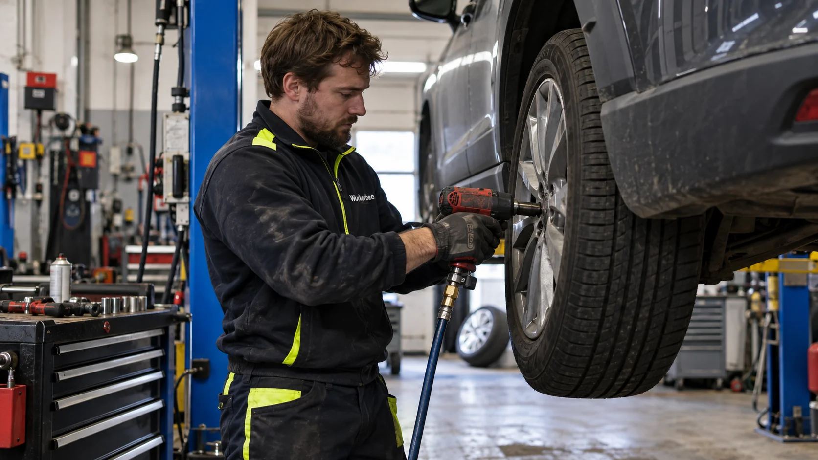 Mekaniker använder mutterdragare vid hjulbyte på en upplyft bil i verkstad.